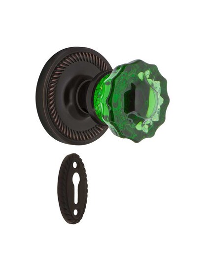 Rope Rosette Mortise Lock Set with Colored Fluted Crystal Glass Knobs Emerald in Timeless Bronze.